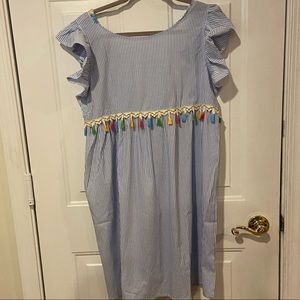 Women's Tie Back Ruffle Trim Sleeveless Swing Mini Dress light blue XL